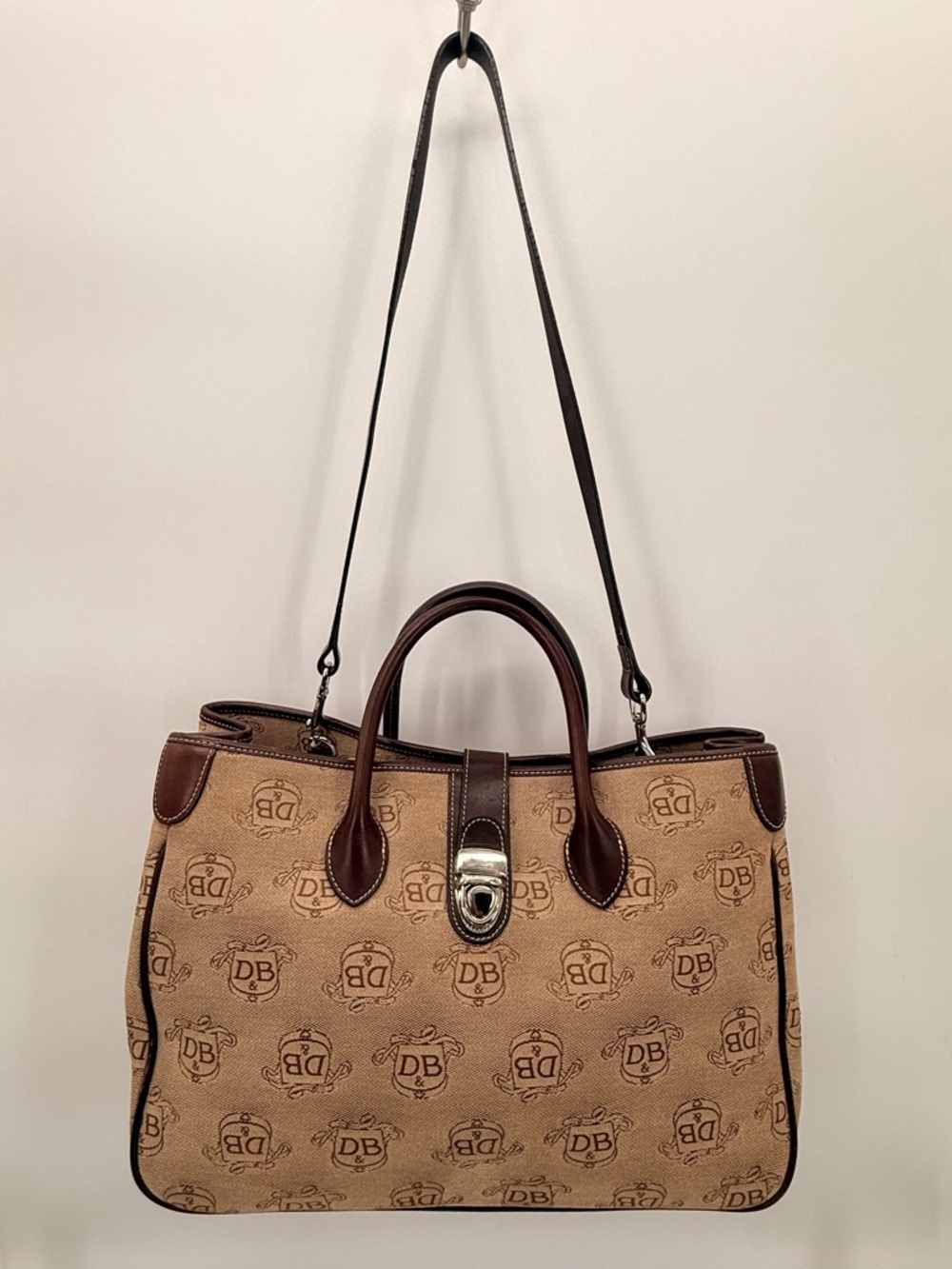 Dooney & Bourke DB Logo Satchel Canvas Leather Trim Brown Top Handle Satchel Bag